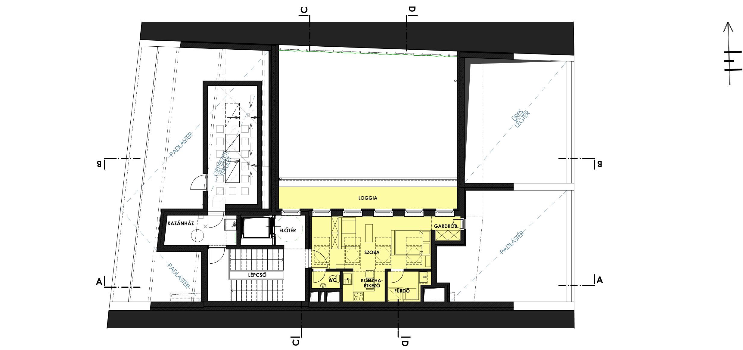 II. emeleti alaprajz - a tervezett lakás funkcióval és épületgépészeti területekkel
