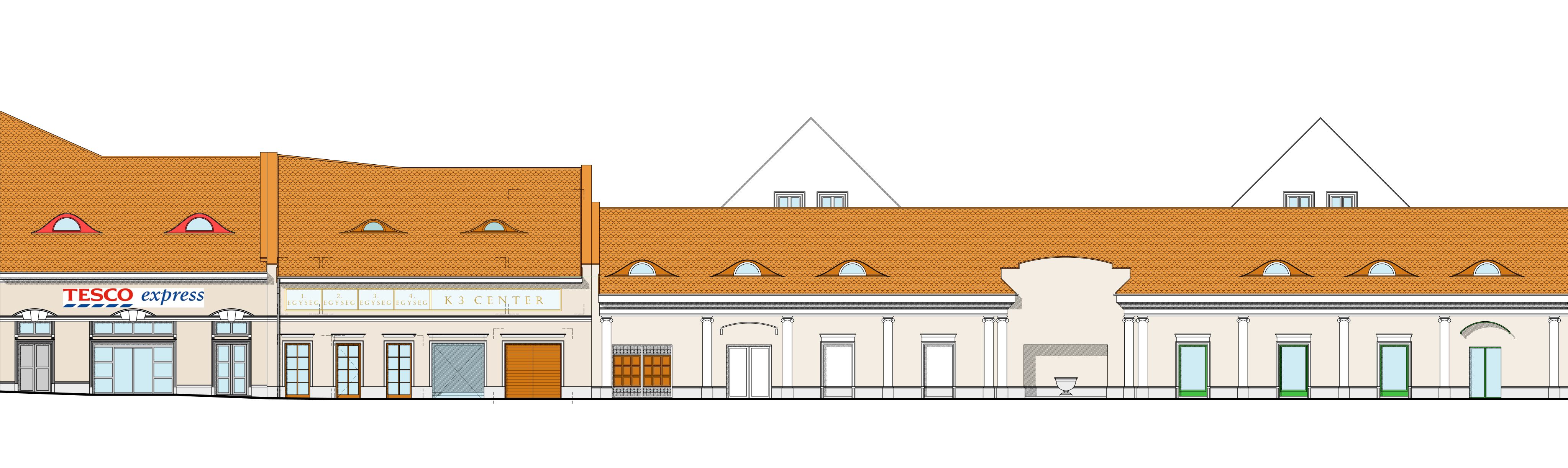 Kolosy téri homlokzat a két csatlakozó szomszédos meglévő épülettel