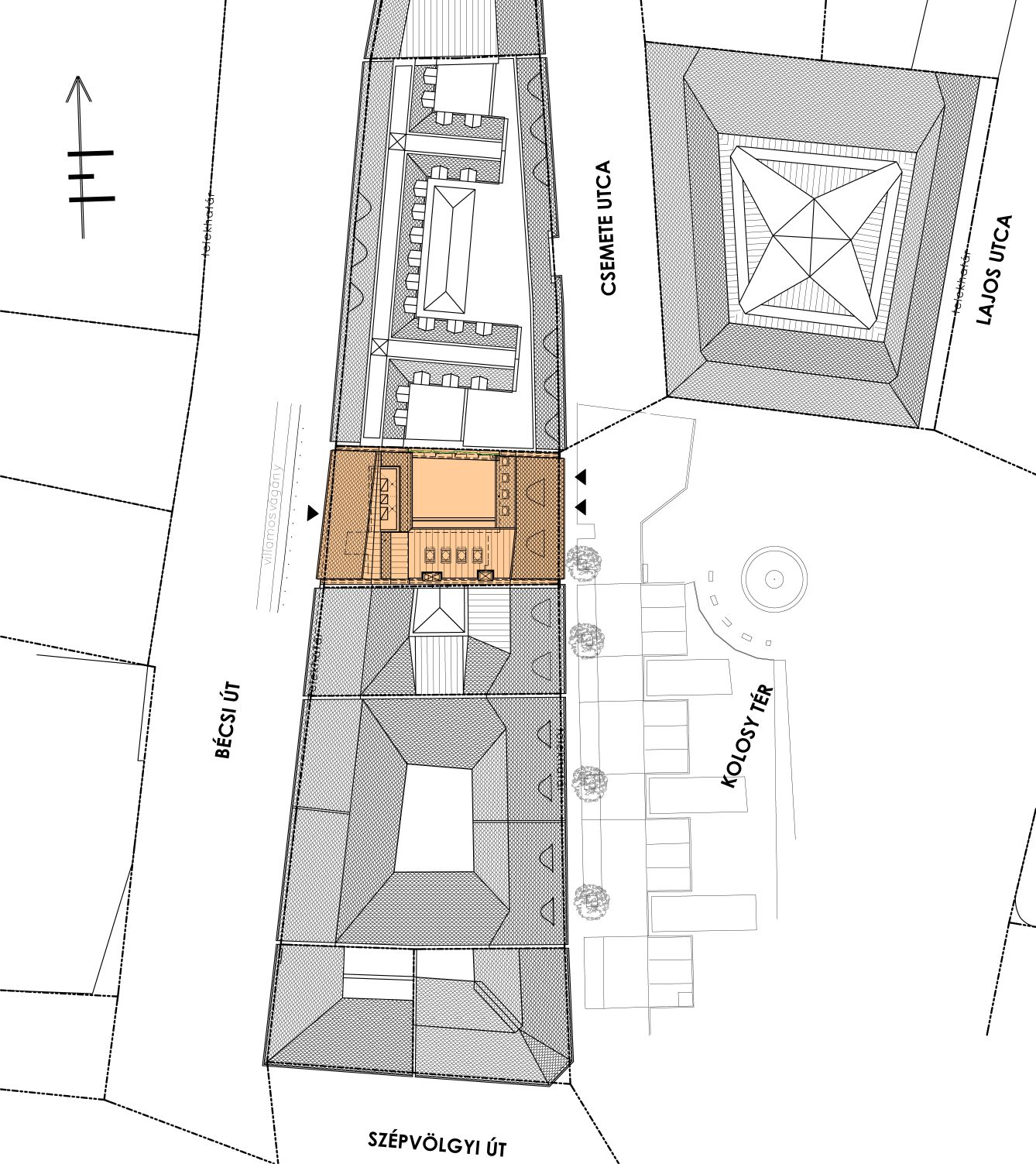 helyszínrajz a tervezéssel érintett épületről, amely Óbuda Újlak nevű városrészén belül helyezkedik el