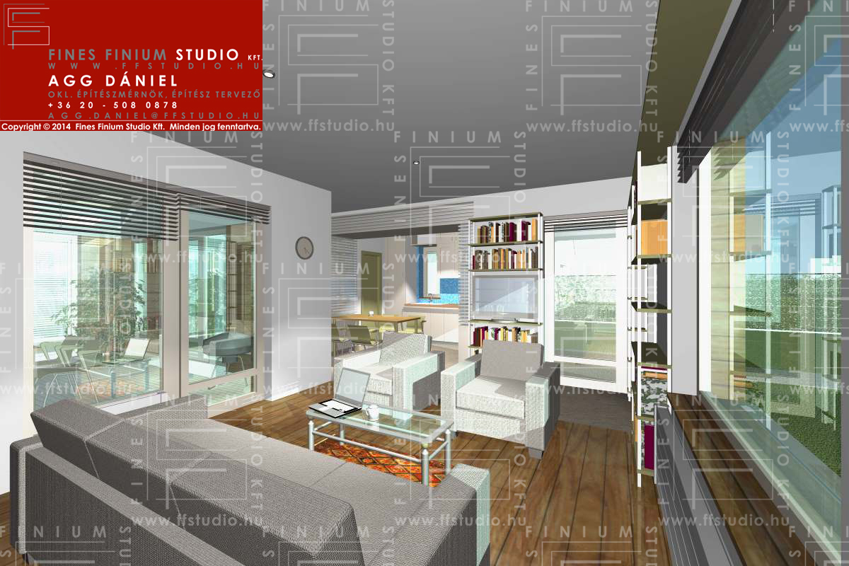 tervezett egylakásos lakóépület lelke: a nappali-étkező-konyha-patio