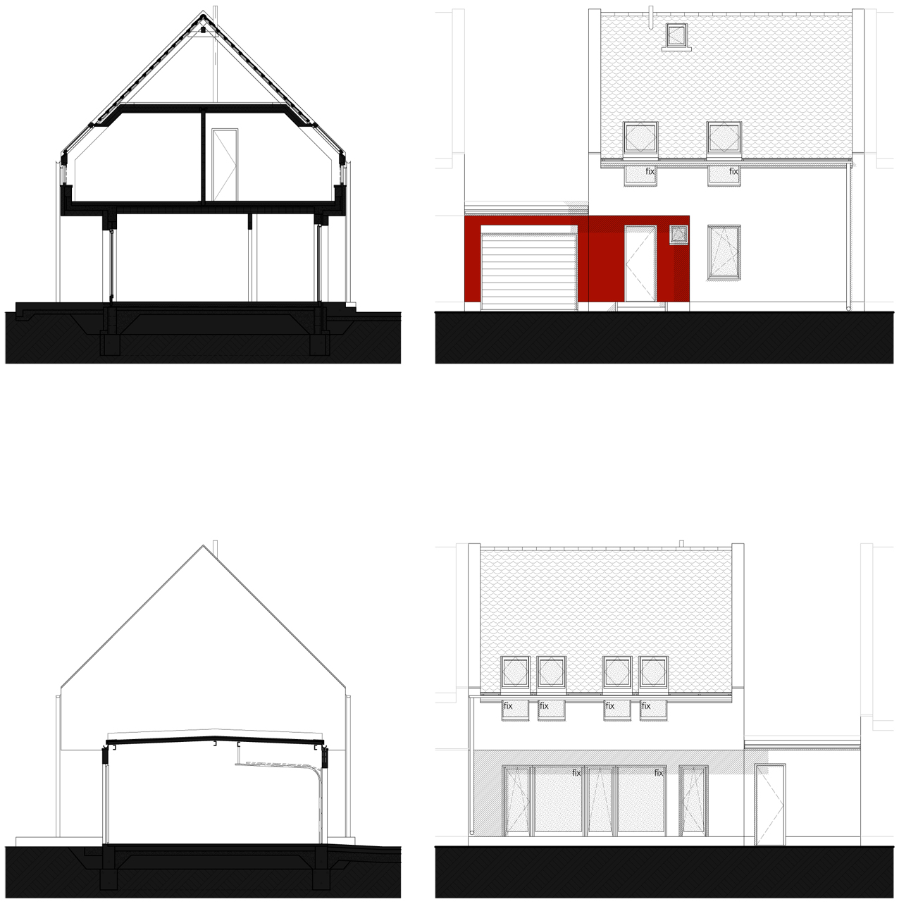 tervezett metszetek és homlokzatok - 3 szobás változat